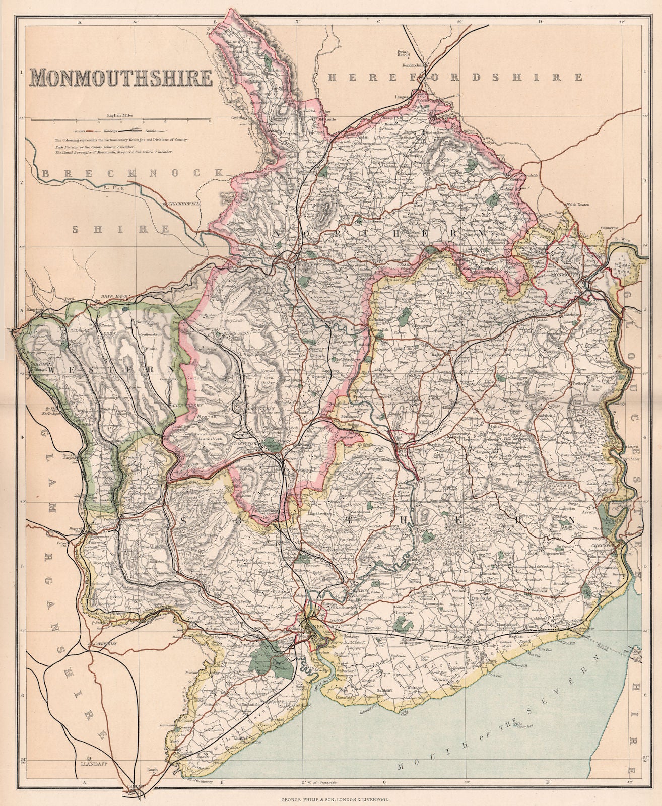MONMOUTHSHIRE. County map. Divisions & parliamentary boroughs. PHILIP 1902